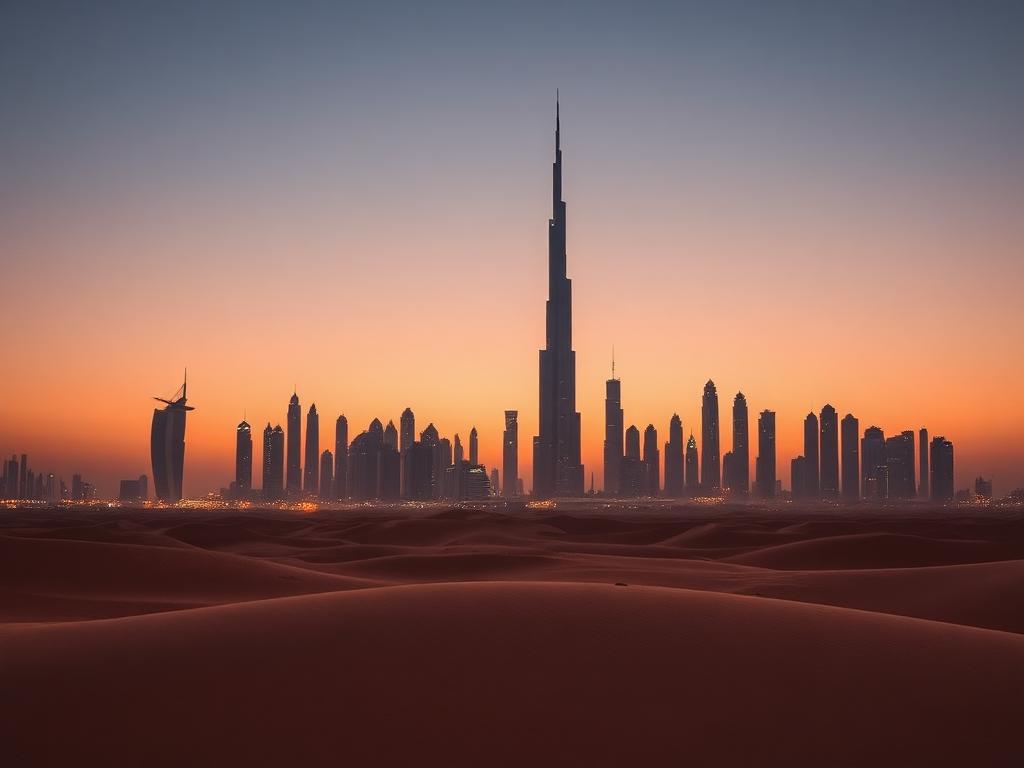 Dubai skyline at dusk seen across desert dunes