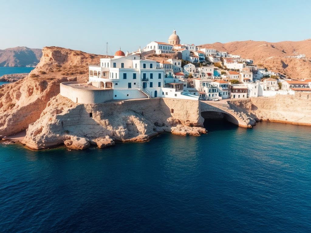 Whitewashed Greek island village above the deep blue Aegean sea