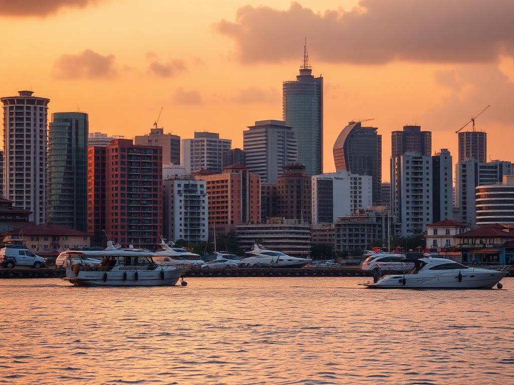 Lagos waterfront cityscape at golden hour with boats moored along the marina