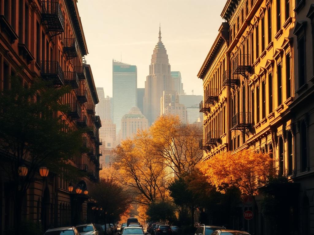 New York City street lined with brownstones in autumn light