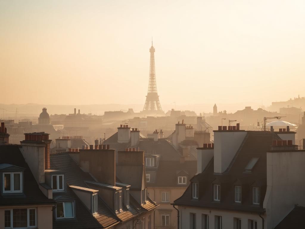 Paris rooftops with the Eiffel Tower in soft morning haze