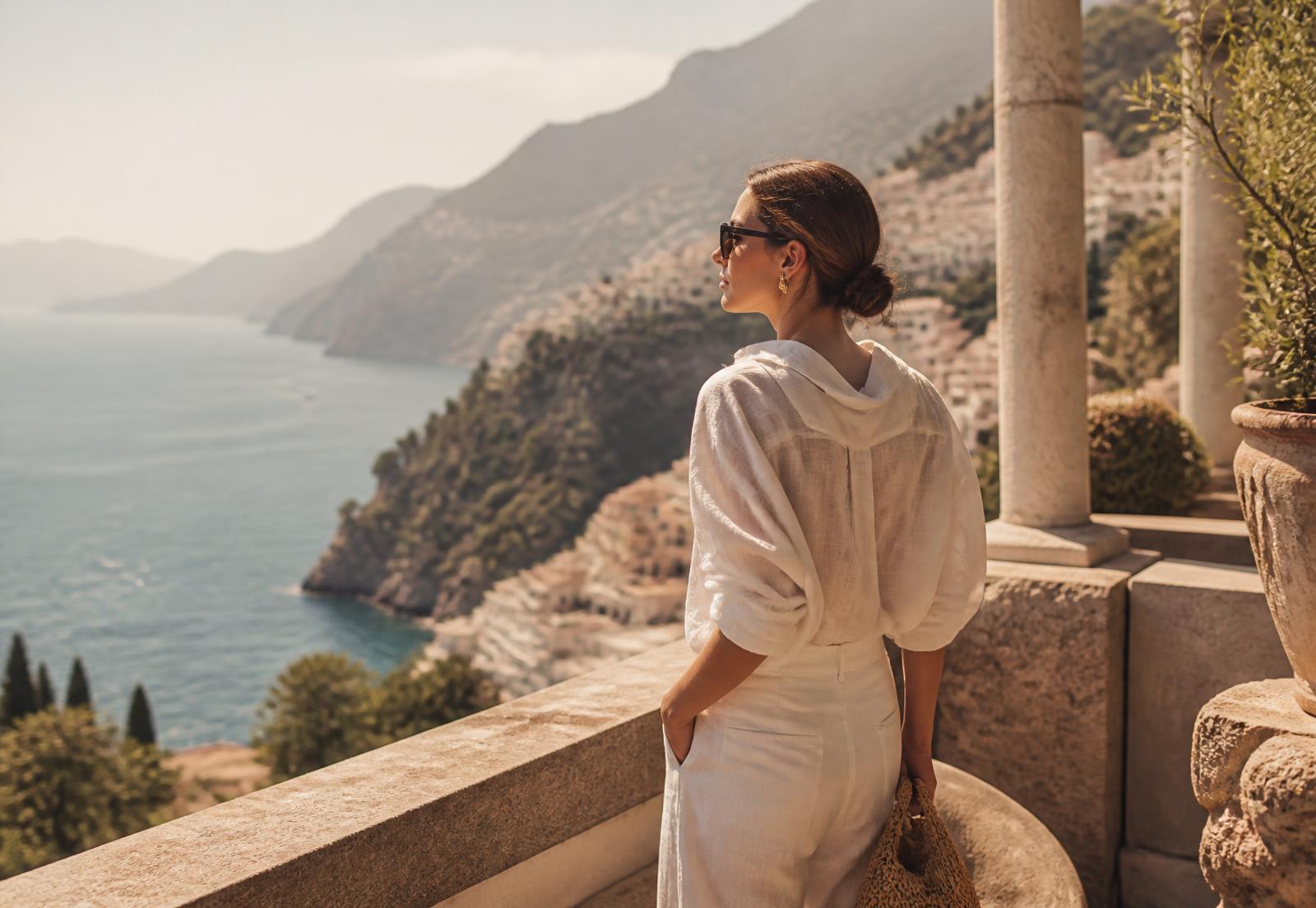 Traveler in linen looking out over a sunlit Mediterranean coastline from a stone terrace