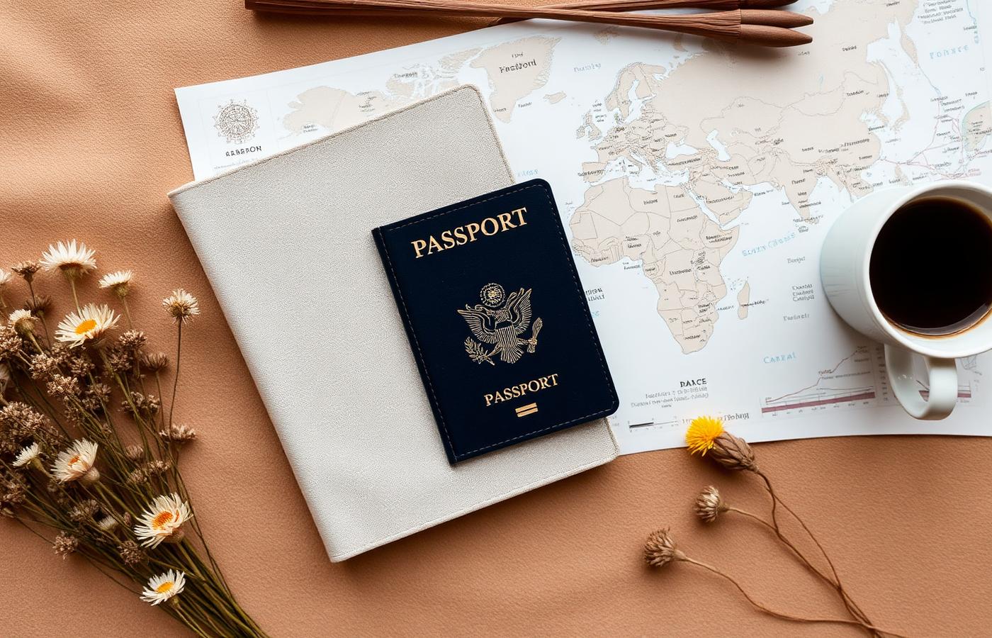 Travel planning desk with a linen notebook, passport, map and coffee